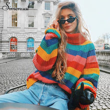 Load image into Gallery viewer, Simenual Rainbow turtleneck sweaters women winter 2018 jumpers knitted clothes fashion striped oversized pullover female sale