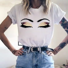 Load image into Gallery viewer, 2020 New Shirts Women Princess Makeup Art Pink Eyelashes Print Vogue Top Female T-shirt Summer Harajuku Streetwear Short Clothes