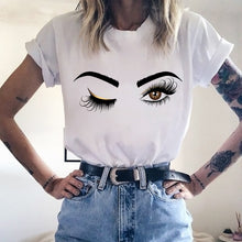 Load image into Gallery viewer, 2020 New Shirts Women Princess Makeup Art Pink Eyelashes Print Vogue Top Female T-shirt Summer Harajuku Streetwear Short Clothes