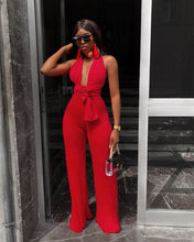 Load image into Gallery viewer, Sexy Lace Up Jumpsuit Women V -Neck Body Femme Slim Elegant Wide Leg Romper Bandage Backless Overalls Female Outfits