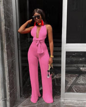 Load image into Gallery viewer, Sexy Lace Up Jumpsuit Women V -Neck Body Femme Slim Elegant Wide Leg Romper Bandage Backless Overalls Female Outfits