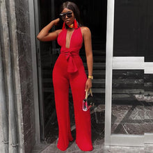 Load image into Gallery viewer, Sexy Lace Up Jumpsuit Women V -Neck Body Femme Slim Elegant Wide Leg Romper Bandage Backless Overalls Female Outfits