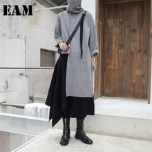 Load image into Gallery viewer, [EAM] 2020 New Spring Autumn High Collar Long Sleeve Black Irregular Stitch Big Size Long Knitting Sweater Women Fashion JL734
