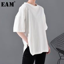 Load image into Gallery viewer, [EAM] Women White Black Brief Side Vent Big Size T-shirt New Round Neck Half Sleeve  Fashion Tide  Spring Summer 2020 A628
