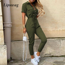 Load image into Gallery viewer, Women Casual solid color Jumpsuit 2020 Summer Deep V Neck Button Shirt Overalls Short Sleeve Office Lady One Piece Romper Belt
