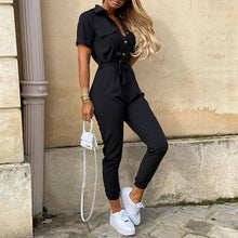 Load image into Gallery viewer, Women Casual solid color Jumpsuit 2020 Summer Deep V Neck Button Shirt Overalls Short Sleeve Office Lady One Piece Romper Belt
