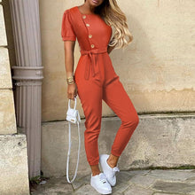 Load image into Gallery viewer, Women Casual solid color Jumpsuit 2020 Summer Deep V Neck Button Shirt Overalls Short Sleeve Office Lady One Piece Romper Belt
