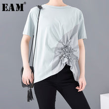 Load image into Gallery viewer, [EAM] Women Blue Irregular Pleated Big Size T-shirt New Round Neck Short Sleeve  Fashion Tide  Spring Summer 2020 1S58505
