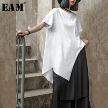 Load image into Gallery viewer, [EAM] Women White Black Irregular Split Bit Size T-shirt New Round Neck Short Sleeve  Fashion Tide  Spring Summer 2020 1W637
