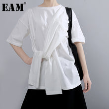 Load image into Gallery viewer, [EAM] Women White Bandage Split Joint Big Size T-shirt New Round Neck Half Sleeve  Fashion Tide  Spring Summer 2020 1U646
