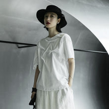 Load image into Gallery viewer, [EAM] Women White Irregular Pleated Split Joint T-shirt New Round Neck Short Sleeve  Fashion Tide  Spring Summer 2020 1X013
