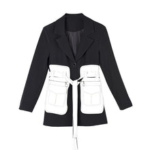 Load image into Gallery viewer, [EAM] Loose Fit Black Contrast Color Big Pocket Bandage  Jacket New Lapel Long Sleeve Women Coat Fashion  Spring 2020 1M50001

