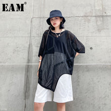 Load image into Gallery viewer, [EAM] Women Black Perpective Big Size Irregular T-shirt New Round Neck Three-quarter Sleeve  Fashion Spring Summer 2020 1W545
