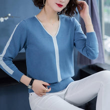 Load image into Gallery viewer, Women's bright silk long-sleeved sweater V-neck loose top red
