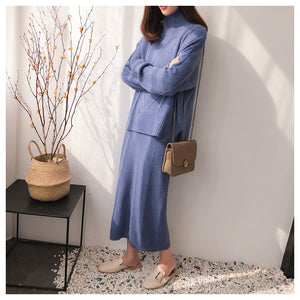 New Woman Winter Knitted Suits Casual Female Two-pieces Set Solid Turtleneck Loose Sweater + Vest Dress Suit for Lady Warm